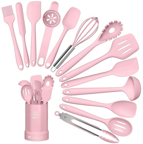 Set di utensili da cucina, 14 pezzi, in silicone, resistenti al calore, con porta utensili, set di utensili da cucina, lavabili in lavastoviglie, colore: rosa