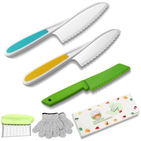Barnkniv 5-delad barnsäkerhet kökskniv set för skärning och matlagning av frukt eller grönsaker inklusive kockkniv frukthandskar barnhandskar – från 3 år – presentset för barn
