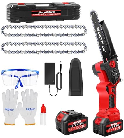 Motosierra sin cable de 8 pulgadas, motosierra manual sin escobillas con 2 baterías de 4000 mAh, 2 cadenas y caja de herramientas, motosierra eléctrica ligera para cortar madera, 47,5 x 11,5 x 7,5 cm