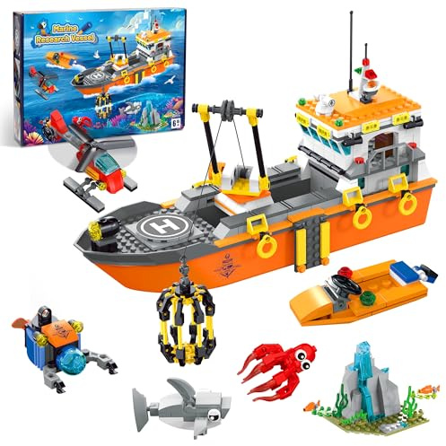 AKWME City Ocean Explorer Bateau Jeu de Construction, Jouet Construction Bateau Exploration avec lumières LED, Hélicoptère, sous Marin et Cage Requin, Cadeau Noël Anniversaire 6-12 Ans Garcon Enfant