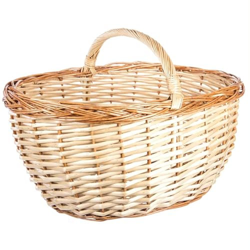 Cesta de Mimbre Grande Bicolor con Asa. 2 Tamaños a Elegir. Cesta de Almacenaje Multiusos. Ideal para Recolección de Setas, Frutas, Verduras, Madera o Decoración Vintage (Bicolor 45 x 33 x 32 cm)