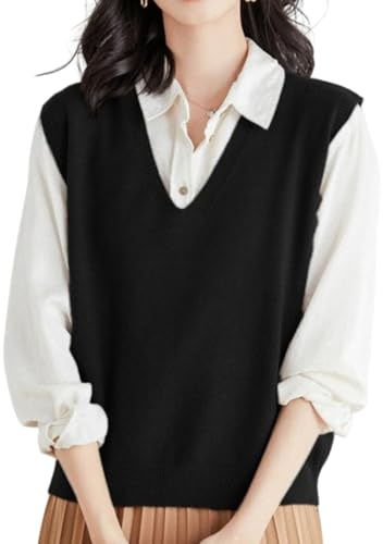 Nbzsmlkn Women's Ultra-Soft V-Neck Knit Vest,Women's Sweater Vest V Neck Sleeveless Solid Pullover Knitwear Tops,Knitted Pullover Vest Autumn and Winter Fashion Versatile Top (Black,L)