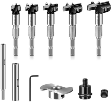 ONEVAN 5tlg Forstnerbohrer Set, Ø 15, 20, 25, 30, 35 mm, in Kunststoffbox, Sechskantschaft Forstner Holzbohrer, inkl. Tiefenstopps, Verlängerungsstange, Adapter