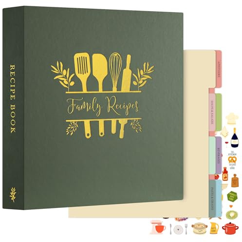 Lanpn Carpeta de 3 Anillas para Recetas, Recetario de Anillas con 8 Fundas, Libro Recetas Cuaderno Recetas en Blanco, Recipe Journal Book Binder, Recetario de Cocina para Escribir, Verde, Inglés