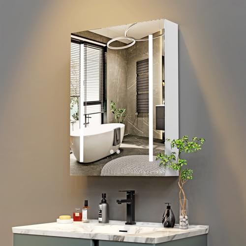 HaodaCulture Armario Espejo baño con luz, Mueble de Baño con Espejo, Enchufe y Interruptor, Armario de Pared con 3 Estantes Ajustable, Gran Capacidad de Almacenamiento, Blanco 60X15X80cm