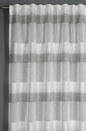 Sehlbach Tenda pronta per l'uso con fettuccia, Righe a blocchi, Grigio, 140 x 175 cm, Traslucide, Coprenti, Design di tendenza, Drappeggio perfetto, Certificato Oeko-Tex