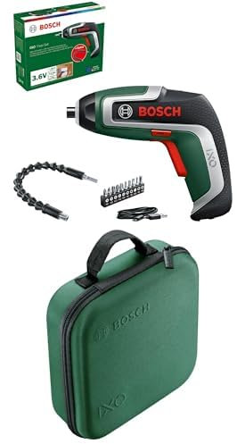 Bosch Kompakter Akku-Schrauber IXO, Flexi-Set (7. Generation; 3,6 V; 2,0 Ah; mit flexibler Erweiterung und Micro-USB-Kabel; Biegung bis 180°; 10 x Bit) + Bosch Aufbewahrungstasche für Werkzeuge