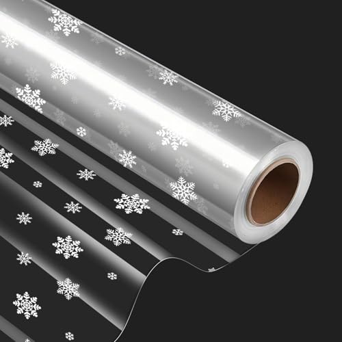 JIANTA Jul cellofanrulle, 40 cm x 30 m transparent presentinslagningsrulle med snöflingor för julklapp blomkorg hantverk festtillbehör