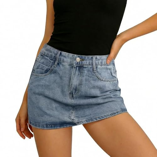 ZHAOCAI Women's Denim Mini Skirt Summer A-Line Bodycon Low Rise Stretch Jean Skirt with Shorts Zipper Button Design Y2K Casual Fashion Denim Skort with Pockets