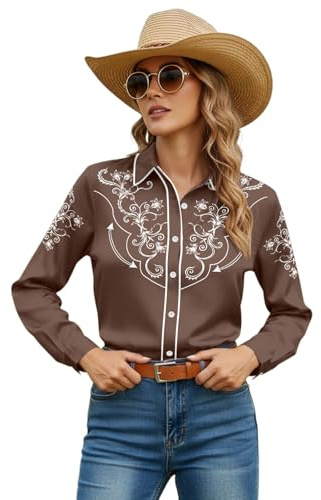 Chemise de cowboy pour femme - Col à revers - Une boutonnage - Chemise western traditionnelle - Chemise d'affaires - Chemises à manches longues - Hippie - Chemise d'extérieur - Chemise caractéristique