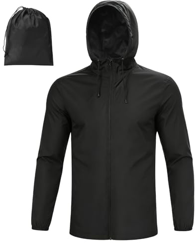 BBXWANG Men's Waterproof Jacket with Hood 2 Pockets And Storage Bag Black Windbreaker Coat Breathable for Outdoor Adventures, Climbing, Hiking
