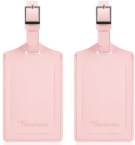 Travelambo Luggage Tags for Suitcases Faux Leather Privacy Protection 2 Pack Bag Tags Travel Accessories Essential, Light Pink