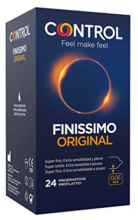 Control Preservativos Finissimo Original. Caja de 24 Condones Súper Finos, Extra Sensibilidad, Lubricados, Sexo Seguro. Disfruta de unos Preservativos con Ajuste Perfecto para una Relación Segura.