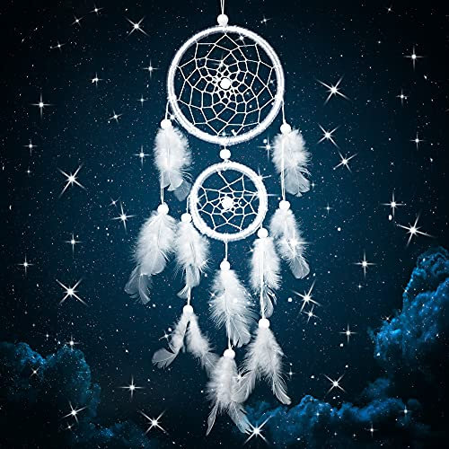 Dream Catcher with Feathers, White Dreamcatcher, Handmade Dream Catcher, Handmade Pearl Boho Woven Art Ornament for Home Office Wall Window Door Decor Birthday Gift (White)