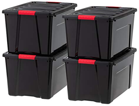IRIS USA 72 QT Plastic Storage Box with Lid and Latches - 4 Pack - BPA-Free, Garage Organizing Solution, Durable Nestable Stackable Containers, Secure Pull Handle - Black