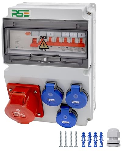 Distributore di corrente da parete, completamente cablato, 32 A, 16 A, 230 V, con contatore CEE IP65, 6. 1 x 32a 3 x 230 V, con LS+FI