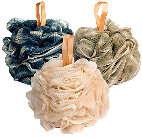 Fishent Bath Loofah Sponge, 3 Pack loofahs Exfoliating Body Scrubber, 60g Soft Mesh Pouf Shower Puffs, Loofa for Women and Men