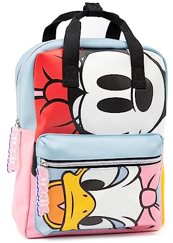 Disney Minnie Mouse Womens Backpack | Pink & Blue Daisy Duck Character Bag for Ladies | Polyester Leather Look With Handle & Adjustable Straps | Graphic Merchandise Gift for Teens, Kids & Adults