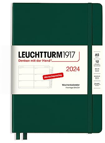 LEUCHTTURM1917 367607 Wochenkalender Medium (A5) 2024, mit Extraheft für Adressen und Jahrestage für Adressen und Jahrestage, Forest Green, Deutsch, 12 Monate