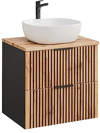 Lomadox Waschtisch 61 cm Badezimmer Unterschrank Waschtischplatte Keramik Aufsatzwaschbecken anthrazit mit Eiche Nb. schwarz gerillt 60,6x74,2x46,5 cm (BxHxT)