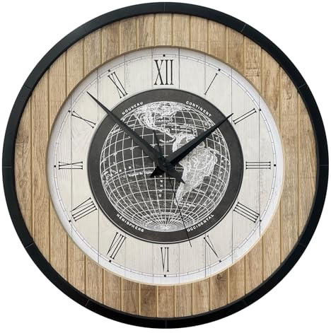 STYLER Wanduhr Jacob 57 cm | Lautlose XXL Uhr aus Holz & Metall Made in EU – inklusive Wandaufhängung – Vintage Weltkarte Wanduhr ohne Tickgeräusche | Wohnzimmer Büro Flur | Loft Modern Klassisch