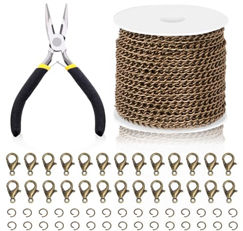Swpeet Catena a maglia barbazzale, per gioielli fai da te e collane, ca. 9,1 m di lunghezza x 3 mm, con maglie piatte, set da 102 pezzi, con anellini aperti, chiusura a moschettone e pinza per