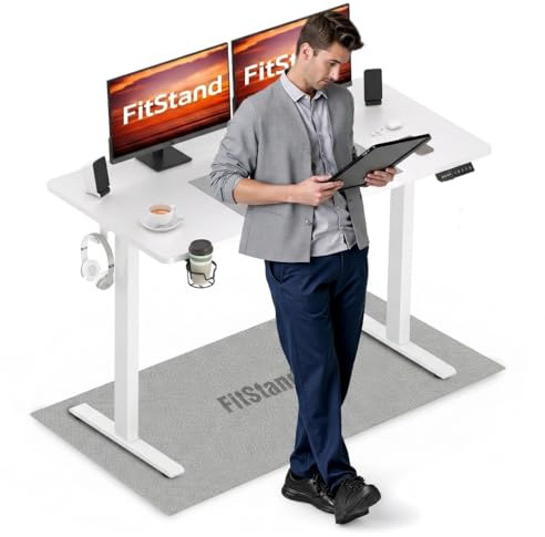 FitStand 110x54cm Electric Standing Desk ONE PIECE Desktop Sit Stand Table Height Adjustable Desk Computer Desk With Hooks and Memory Smart Pannel Suitable For Office And Home- White
