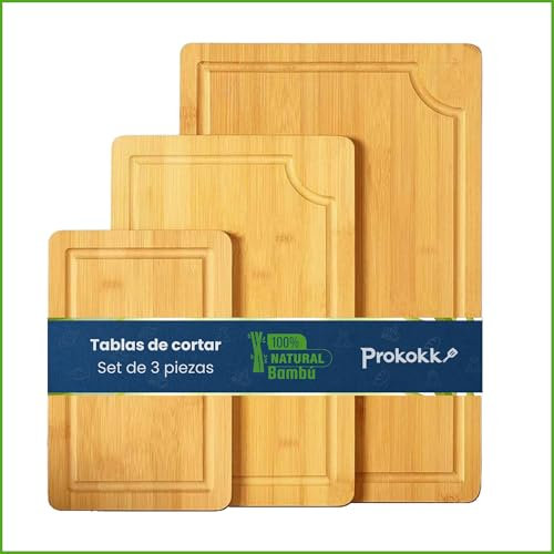Prokokk Tabla de Corte de Cocina – Juego de 3 Tablas de Cortar de Madera 100% Bambú – Sin Plástico – Para Carne, Pescado, Verduras. Set de Tablas Cocina Profesional