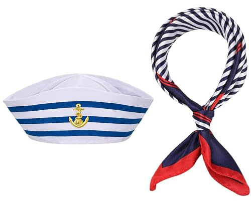 Kit de Déguisement Marin Bonnet et Écharpe à Rayures Bleues et Blanches Ensemble Chapeau de Capitaine et Écharpe Costume pour Homme, Femme, Enfants et Adultes