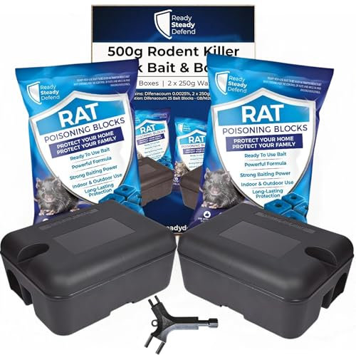 Rodent Killer Block Bait & Box Kit - Includes 500g bait (50 Blocks) and 2 Heavy Duty Rat Bait Boxes, Pet Safe Rat Bait for Outdoor Use, Effective and Reusable Rat Trap Solution
