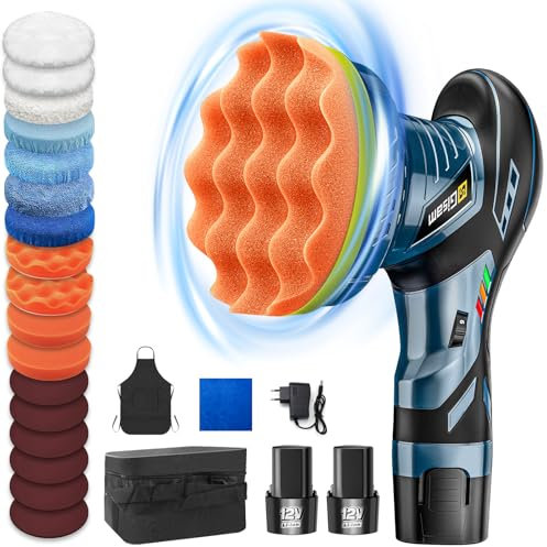 Poliermaschine Auto, Gisam Exzenter Poliermaschine Bürstenlos mit 2 * 2.0Ah Akkus, 6 Zoll Polishing Machine, 6 Variablen Geschwindigkeiten Max 6000RPM, kabelloser Polierer für Wachsen Polieren