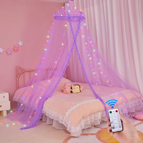 MHJY Bed Canopy for Girls Mosquito Net Kids Bed Curtains with LED Lights and Remote Control Princess Room Décor for Kids Bedroom Accessories