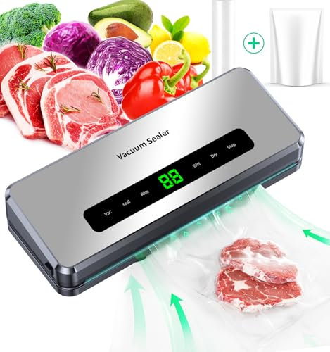 Machine à emballer sous vide, machine compacte 6 en 1 pour la conservation des aliments secs et humides, cutter intégré, rangement de sacs à rouleaux, affichage LED, sacs scellés texturés et sac à