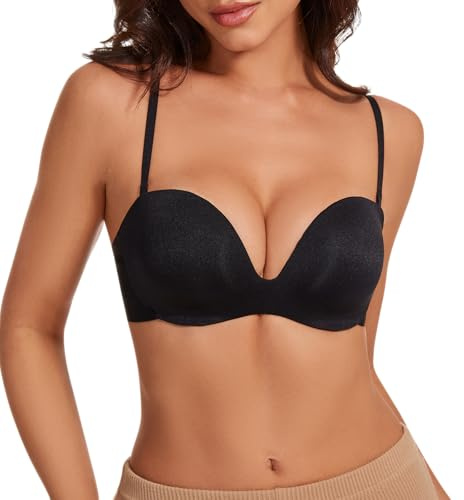 seagallery Womens Low Back Halter Bra Plunge Balconette Backless Bra with Multiway Convertible Straps Black