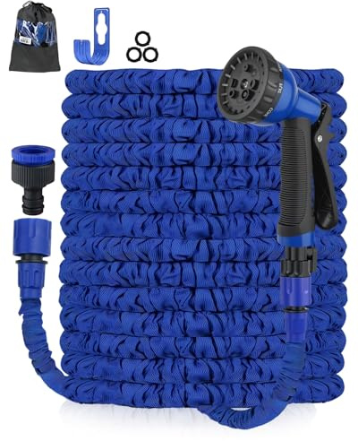 Zenmos 100FT Expandable Garden Hose Pipe - Flexible Expanding Magic Hose with 3/4, 1/2 Fittings, Heavy Duty Garden Hose with 8 Function Spray Nozzle, Anti-Leakage - Water Hose (Blue, 100FT)