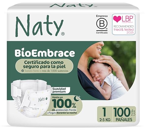 Naty BioEmbrace Pannolini Neonato | Certificati per pelle sensibile | Protezione anti-perdite fino al 100% | Morbidezza vegetale | Senza profumo & cloro | Taglia 1 (2–5 kg), 100 pz