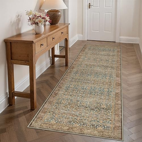 PureCozy Vintage Alfombra Pasillo 60x240cm Alfombra Cocina Antideslizante Lavable Lavadora Roja Larga Carpet Habitacion Dormitorio Sala Recibidor Tapete Pelo Corto Rug