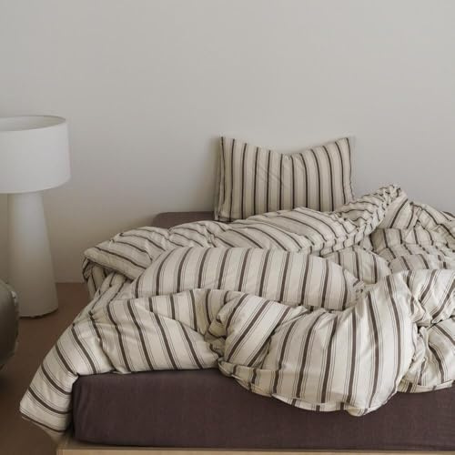 Freyamy Housse de Couette 220x240cm à Rayures Brun Beige Parure de lit 2 Personne Filles Femmes avec Fermeture Éclair Sets de Housse Imprimé Rayure en Microfibre avec 2 Taie d'oreiller 65 x 65cm
