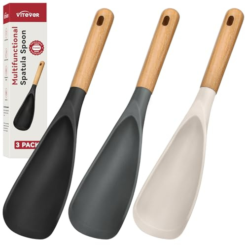 3 PACK Cooking Spatula Spoon for Nonstick Cookware, Multifunction Spoonula Great for Cooking, Serving, Baking, Mixing, Stirring, Scoop, Scrape - Sturdy BPA-Free Heat Resistant Silicone & Wood Handle