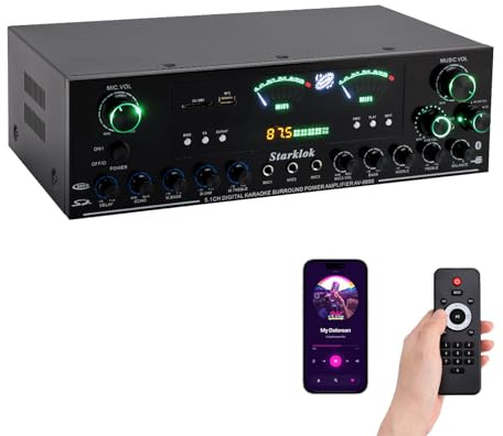 Amplificatore HiFi stereo 5.1 canali da 3000W di picco, amplificatore per home theater con subwoofer, Bluetooth 5.0, riproduzione USB/SD, TRE ingressi microfonici