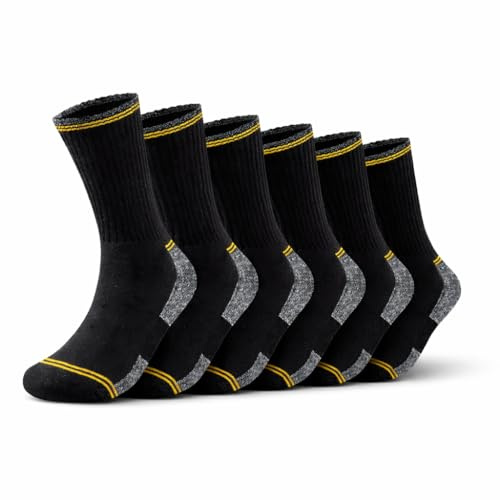 ITRAT Men’s Work Socks 6 Pack Cotton Rich Cushioned Crew Socks Reinforced Heel & Toe Breathable Boot Socks for Construction Work Boots & Daily Wear (Black 6 Pairs)