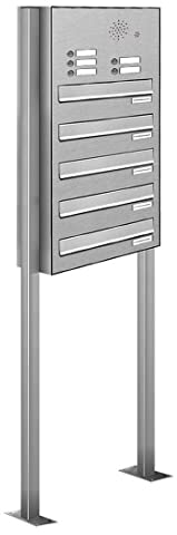 AL Briefkastensysteme 5er Edelstahl Durchwurfbriefkasten, 5 Fach Briefkasten mit Klingel, wetterfeste Standbriefkastenanlage in V2A Edelstahl mit fünf Fächern