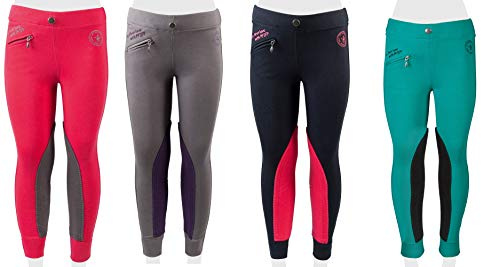 PFIFF Unisex barn Viff 102603 färg rideleggings Ella tyg trim-ridebukser piger ridebukser, grå/lilla 152 ridbyxor, grå/lila, EU