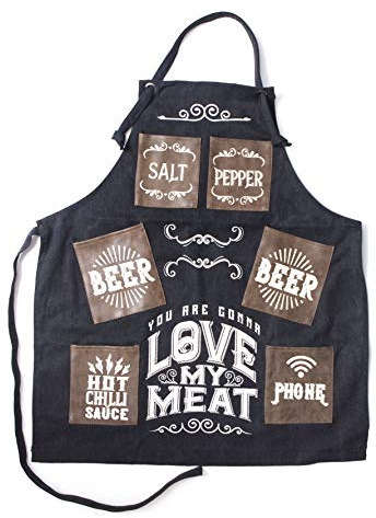 Boxer Gifts Canvas Apron Tablier de Cuisine Fantaisie Love My Meat pour Homme résistante Anniversaire, Noël ou fête des pères | Livré avec Sac Cadeau en Toile, Noir, Taille Unique