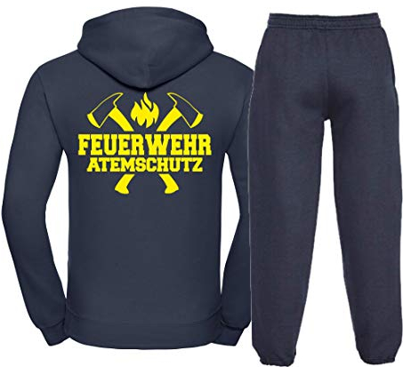 Kapuzen-Jogginganzug Navy, Feuerwehr ATEMSCHUTZ, Äxte Neongelb L