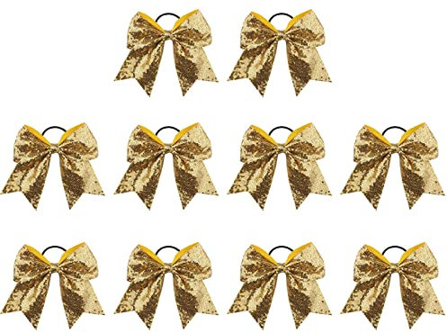 Pailletten Cheer Bögen, 10 Stück 8 Zoll Große Cheer Haarschleifen Pferdeschwanz-Halter Elastisches Band handgefertigt für Cheerleader, Teenager, Mädchen, College Sport