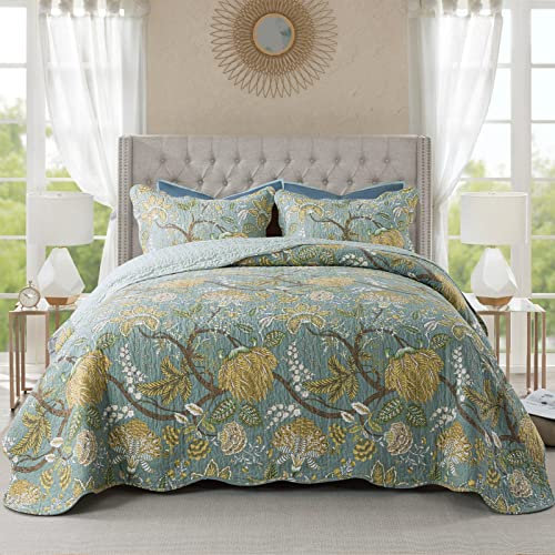NEWLAKE Bedspread Quilt Sets-Reversible Patchwork Coverlet Set, Green Floral Pattern, King Size