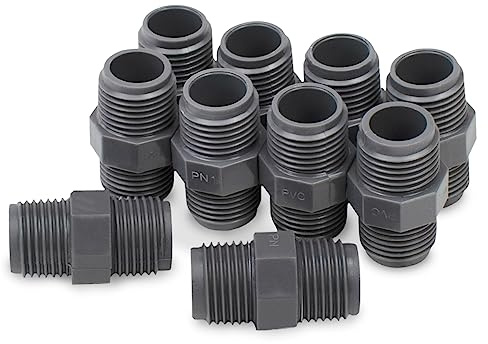 Bwintech 10 piezas negro 1/2 BSP hilo PVC macho a macho conector de pezón hexagonal, adecuado para riego de tierras de cultivo, conexión de tubería de agua