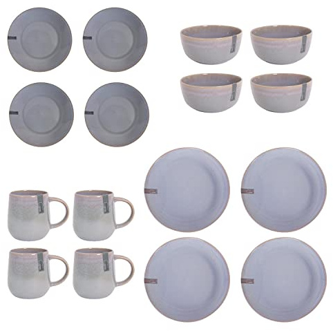 YöL Full Dinner Set 16pcs Reactive Glaze Stoneware Blue Green Grey Dinnerware Dinner Plates Bowls Mugs Side Plates Snacks Cereal Home Kitchen