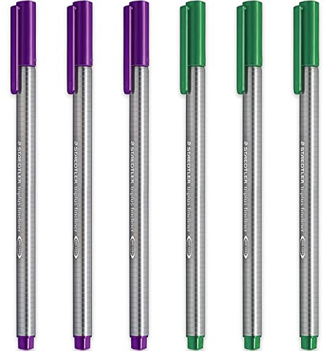 STAEDTLER 334 Triplus Fineliner Superfine Point Pens - 0.3mm - Violet & Green Ink - Pack of 6